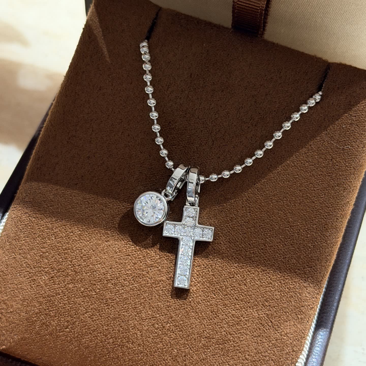 Chrome Hearts Silver Cross and Round Diamond Pendant Necklace